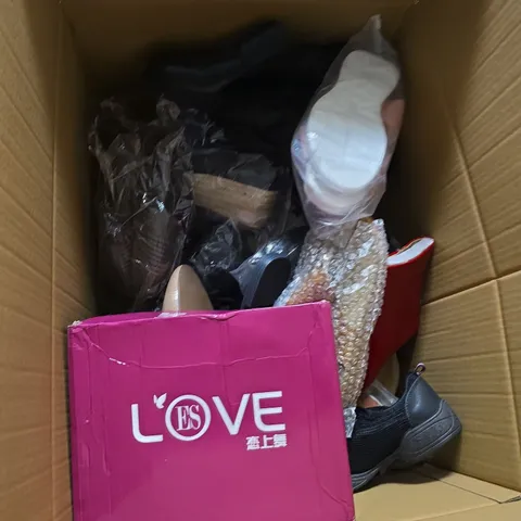 BOX OF APPROXIMATELY 12 PAIRS OF UNBOXED ASSORTED SHOES IN VARIOUS COLOUR, STYLES AND SIZES