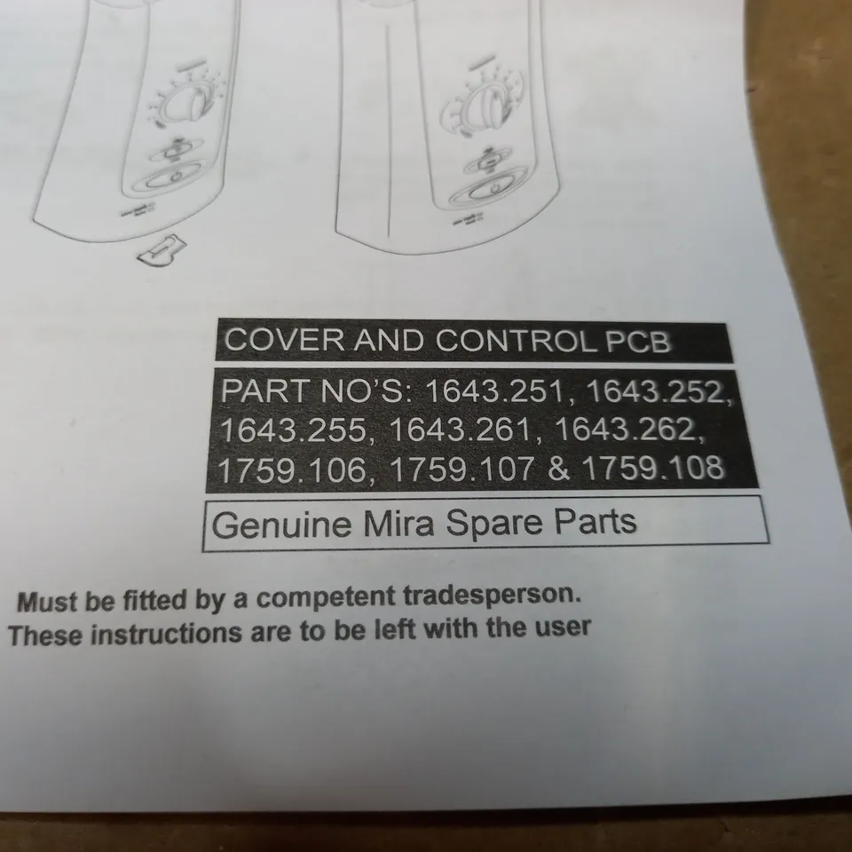 MIRA SHOWERS COVER CONTROL PANEL