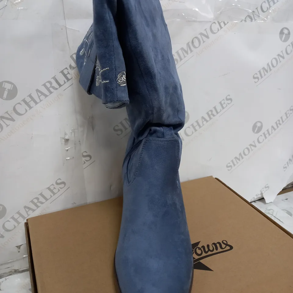 BOXED JOE BROWNS BLUE HEELED HIGH BOOTS - UK SIZE 8