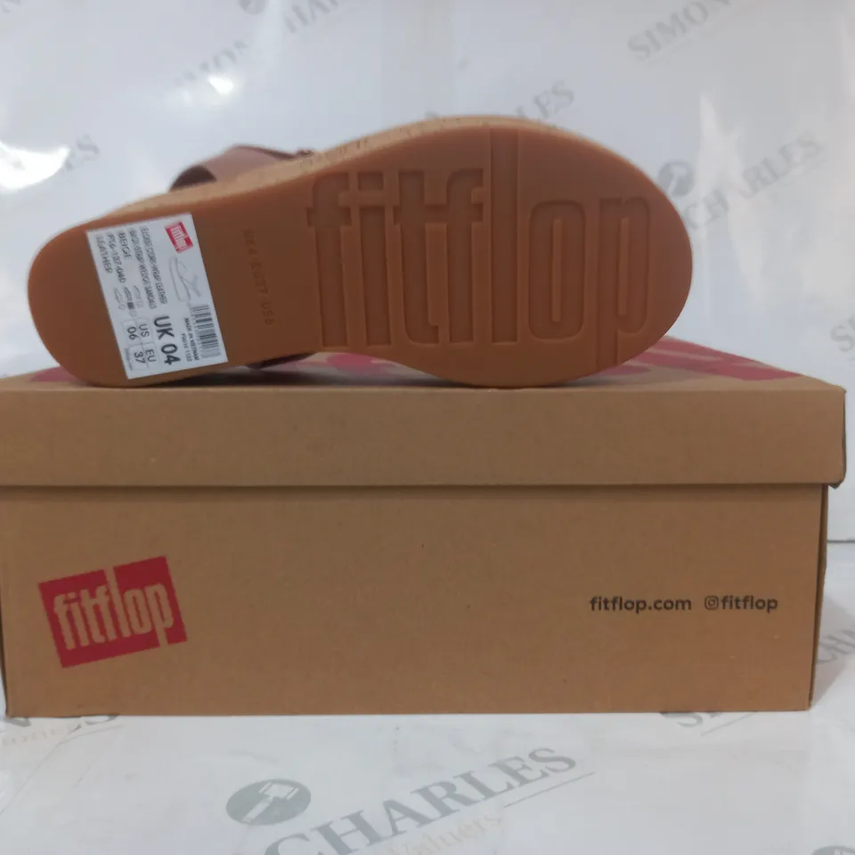 BOXED PAIR OF FITFLOP ELOISE CORK-WRAP LEATHER BACK STRAP WEDGE SANDALS IN BEIGE UK SIZE 4