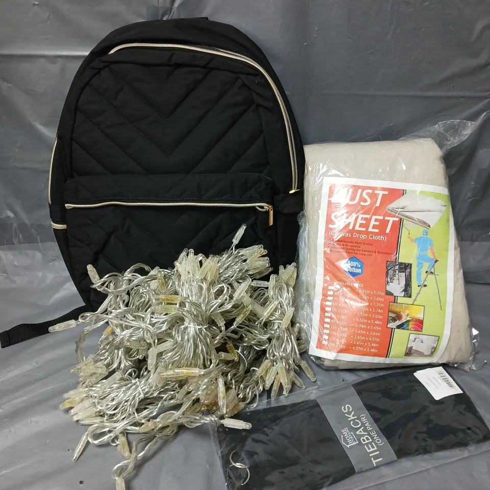 APROXIMATELY 20 ASSORTED HOUSEHOLD ITEMS TO INCLUDE RUCKSACK, DUST SHEET, STRING LIGHTS, ETC