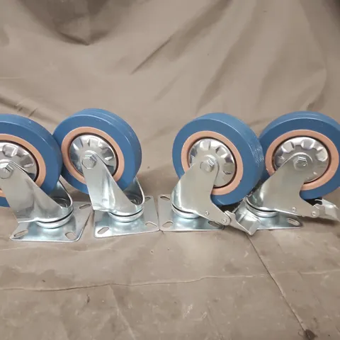 SET OF 4 BLUE SWIVEL CASTER WHEELS WITH MOUNTING PLATES