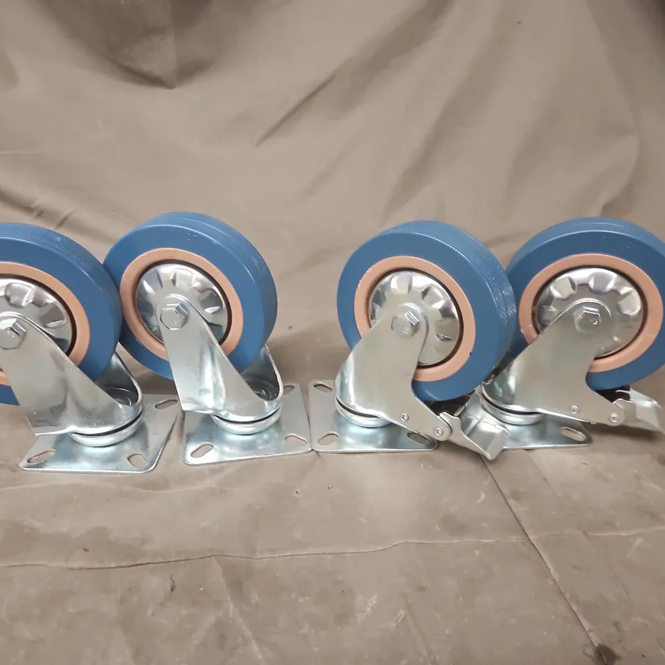 SET OF 4 BLUE SWIVEL CASTER WHEELS WITH MOUNTING PLATES