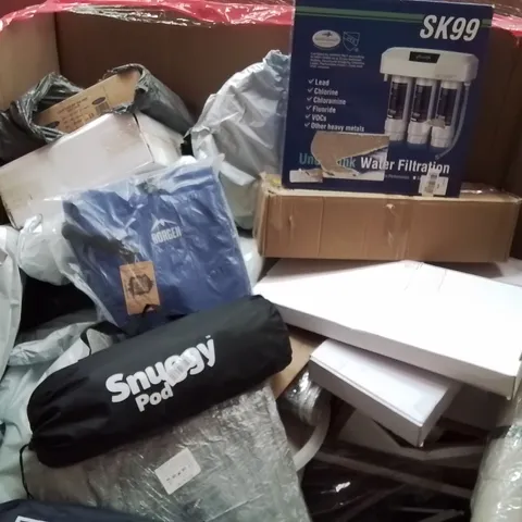 PALLET CONTAINING VARIOUS ASSORTED BOXED HOUSEHOLD ITEMS TO INCLUDE: SNUGY POD, WATER FILTRATION SYSTEM, RETRACTABLE SAFETY GATE AND LOTS MORE UNMARKED BOXED ITEMS