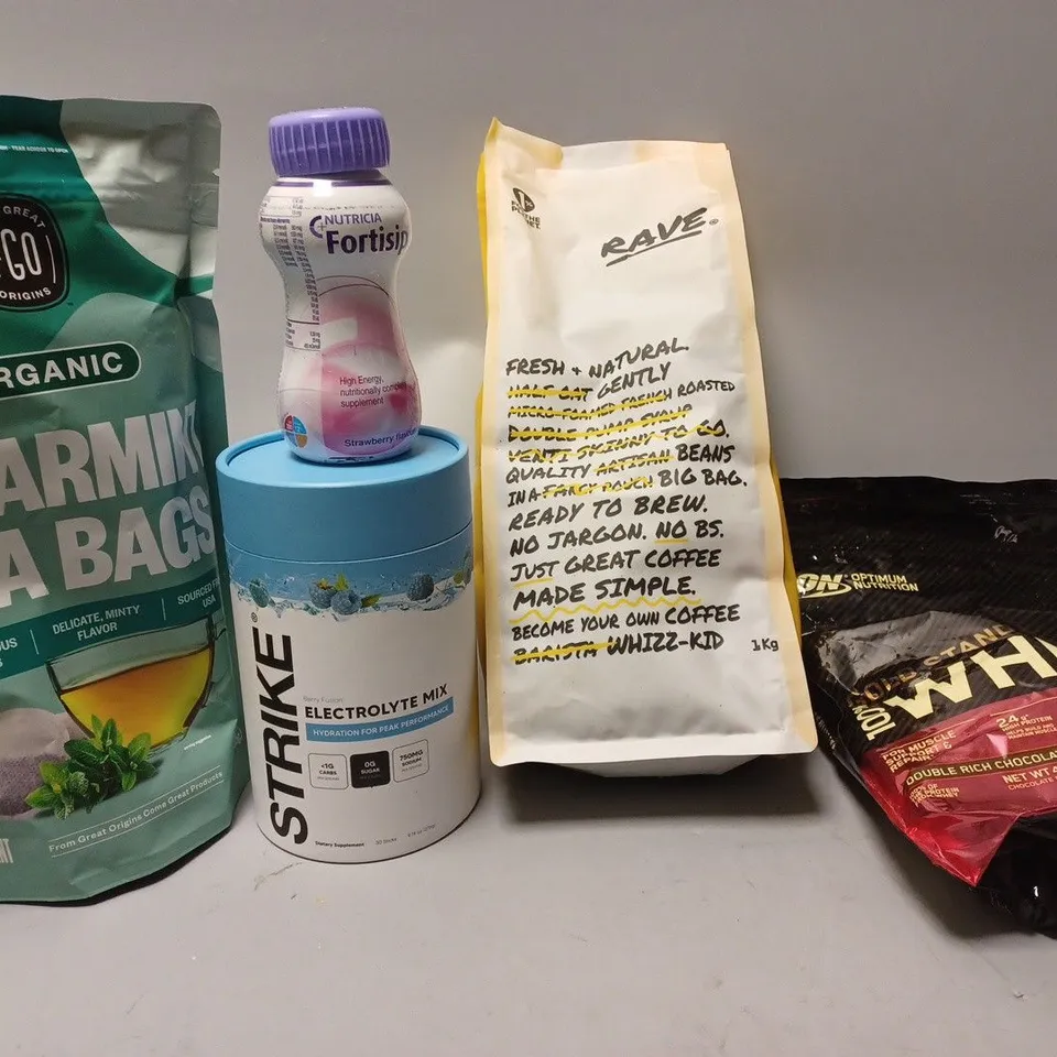 BOX OF APPROX 10 ASSORTED FOOD ITEMS TO INCLUDE - GOLD STANDARD WHEY RICH CHOCOLATE - STRIKE ELECTROLYTE - SPEARMINT TEA BAGS ECT