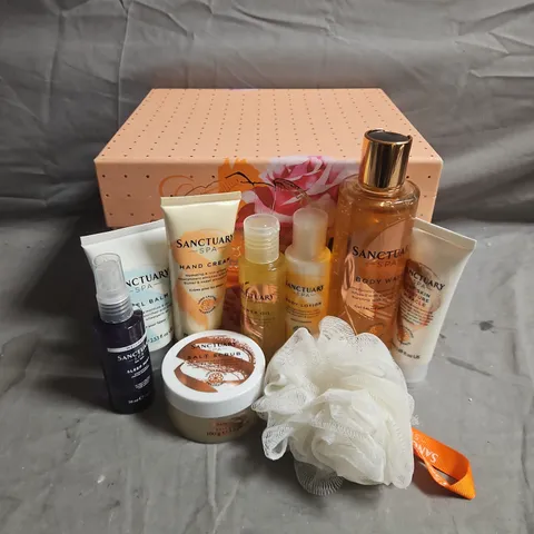 SANTUARY SPA GIFT BOX OF 9 ASSORTED COSMETIC PRODUCTS TO INCLUDE - SALT SCRUB - HEEL BALM - BODY WASH - ETC