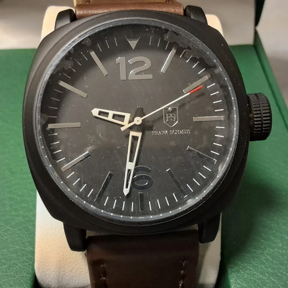 FRANK SCHMIDT BLACK STAINLESS STEEL WATCH WITH BROWN LEATHER STRAP