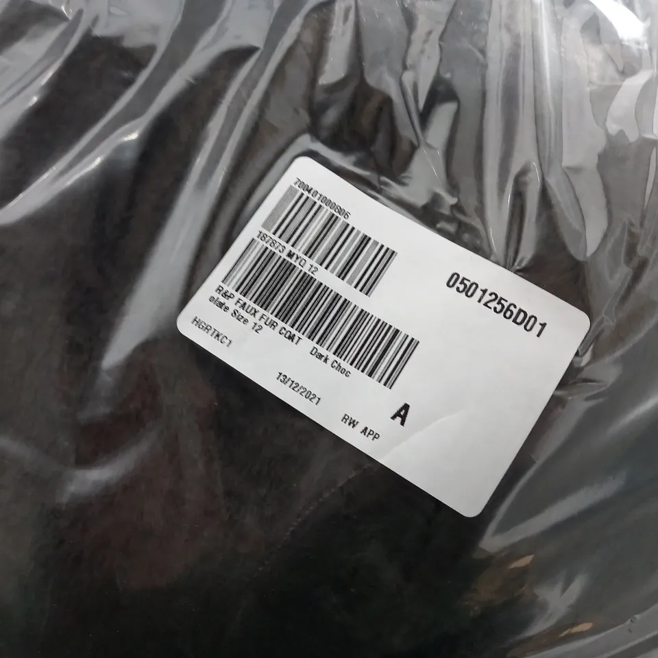 P&P PACKAGED DARK CHOCOLATE FAUX FUR COAT - SIZE 12
