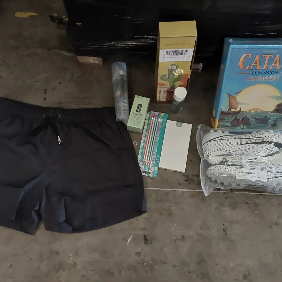 PALLET OF ASSORTED ITEMS INCLUDING: MAKEUP, FOOTBALL SHOES, MENS SHORTS, CHILDREN'S TOY, BOARD GAME, INSECT REPELLANT, PENCILS, PHONE CASE