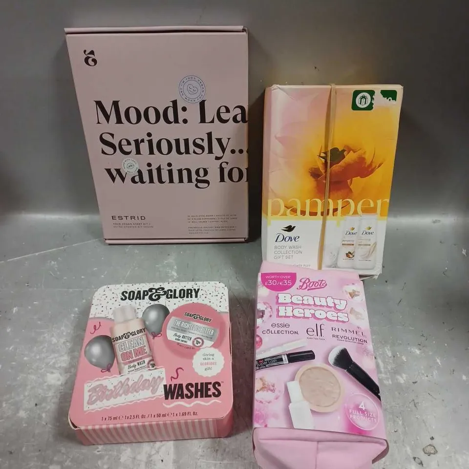 LOT OF 4 ASSORTED COSMETIC BOXSETS TO INCLUDE - DOVE PAMPER BODY WASH COLLECTION - ESTRID RAZER STARTER KIT - SOAP&GLORY BIRTHDAY WASHES GIFT SET - ETC