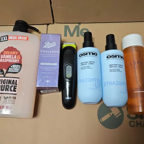 LOT OF ASSORTED HEALTH AND BEAUTY ITEMS TO INCLUDE ORIGINAL SHOWER GEL, OSMO SMOOTHING COMPLEX AND MAKE UP BAG