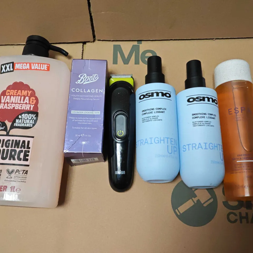  LOT OF ASSORTED HEALTH AND BEAUTY ITEMS TO INCLUDE ORIGINAL SHOWER GEL, OSMO SMOOTHING COMPLEX AND MAKE UP BAG