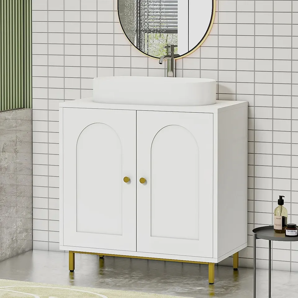 BOXED HZUANERI UNDER SINK BATHROOM CABINET, STORAGE CABINET WITH ADJUSTABLE SHELF AND 2 DOORS BATHROOM SINK UNIT FOR WASHBASINS WITH PEDESTAL, WITH FEET, BATHROOM VANITY UNIT, WHITE
