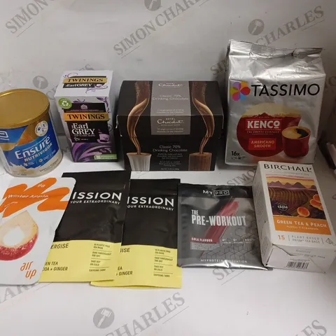 APPROXIMATELY 10 ASSORTED FOOD & DRINK PRODUCTS TO INCLUDE TWININGS EARL GREY TEA, ENSURE NUTRIVIGOR, HOTEL CHOCOLAT DRINKING CHOCOLATE ETC 