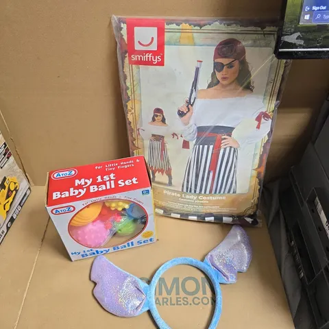 LARGE BOX OF APPROXIMATELY 20 ASSORTED TOYS AND GAMES TO INCLUDE MY 1ST BABY BALL SET, STITCH EARS HEADBAND, LADIES PIRATE COSTUME ETC - COLLECTION ONLY
