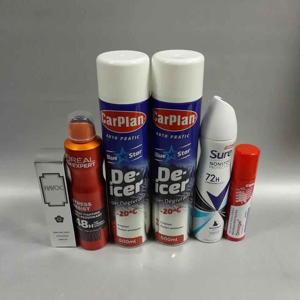 APPROXIMATELY 15 ASSORTED AEROSOLS TO INCLUDE SURE DEODORANT, HAVOC PERFUME SPRAY, CAR PLAN DE-ICER ETC 