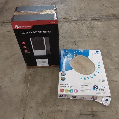 PALLET OF ASSORTED HOUSEHOLD ITEMS AND CONSUMER PRODUCTS. INCLUDES; ROTARY DEHUMIDIFIER, TOILET SEAT, SUITCASE ETC