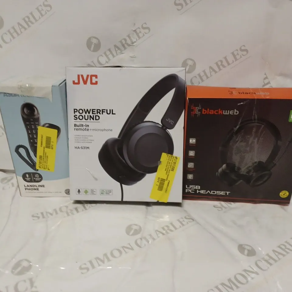 LARGE BOX OF ASSORTED ELECTRICALS TO INCLUDE LANDLINE PHONE, JVC HA-S31M WIRED HEAPHONES, BLACKWEB USB HEADSET, ETC