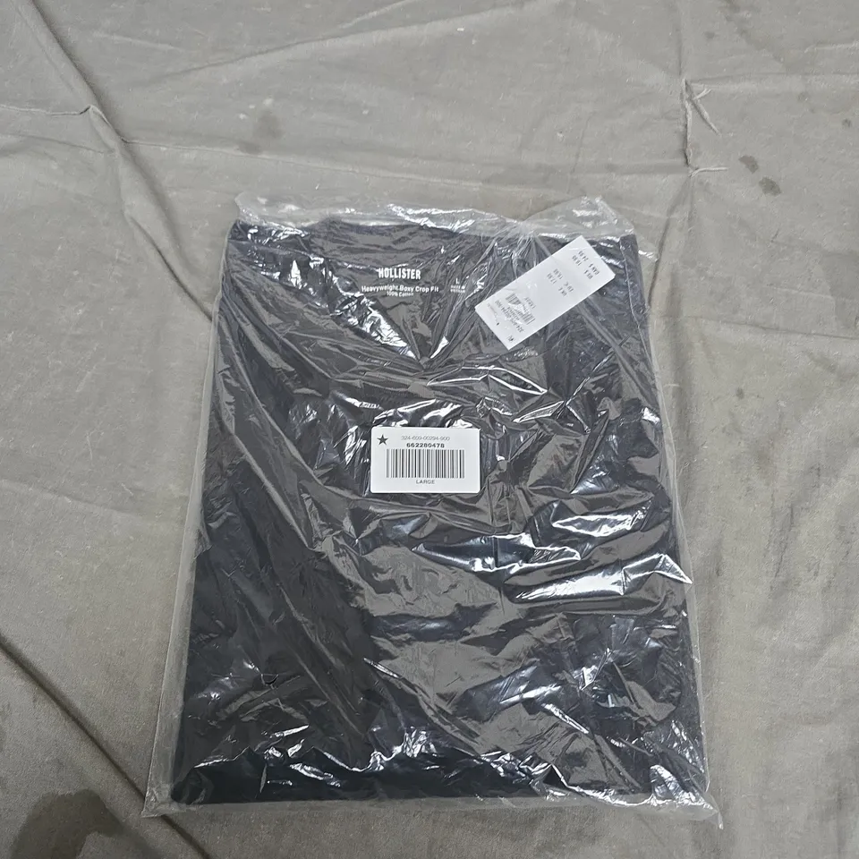 BAGGED HOLLISTER HEAVYWEIGHT BOXY CROP FIT T-SHIRT – BLACK, SIZE L, 100% COTTON