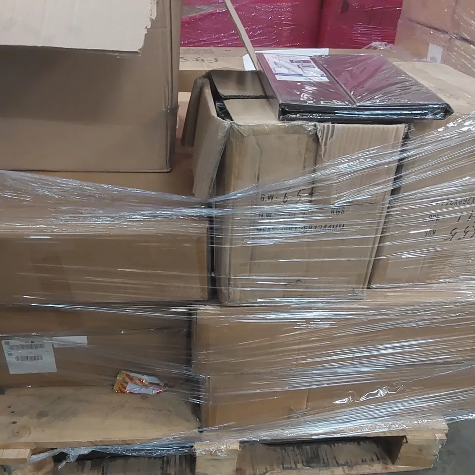 PALLET CONTAINING ASSORTED FITYOU TV CABINET PARTS AND OTHER ITEMS INCLUDING: IPAD CASES, HEAT POWERED STOVE FANS ECT