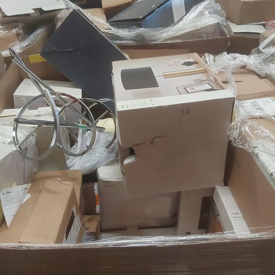 PALLET CONTAINING A VERY LARGE QUANTITY OF ASSORTED DESIGNER LIGHTING PRODUCTS TO INCLUDE: TABLE LAMP, CEILING LIGHT, FLOOR LAMP, WALL LIGHT ECT