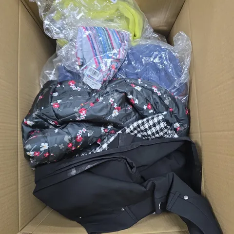 LARGE BOX OF ASSORTED CLOTHING ITEMS IN VARIOUS SIZES , COLORS AND STYLES