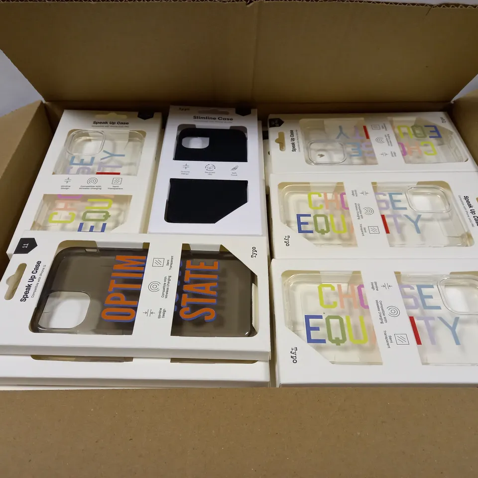 BOX OF APPROXIMATELY 50 TYPO PHONES CASES ('SLIMLINE CASE' & 'SPEAK UP CASE') FOR IPHONE 11, 12 MINI, 12/12PRO IN VARYING COLOURS