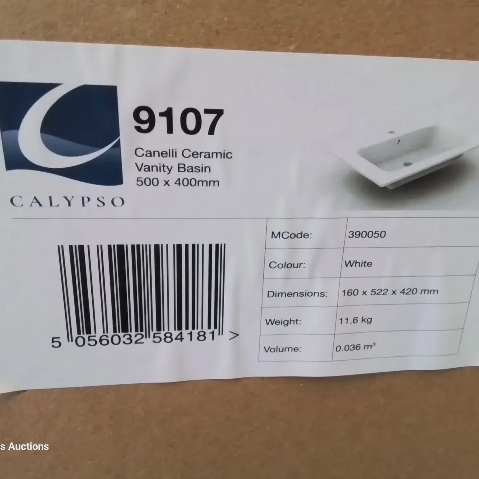 BOXED CANELLI CERAMIC SINGLE TAP VANITY BASIN WHITE 500 × 400mm