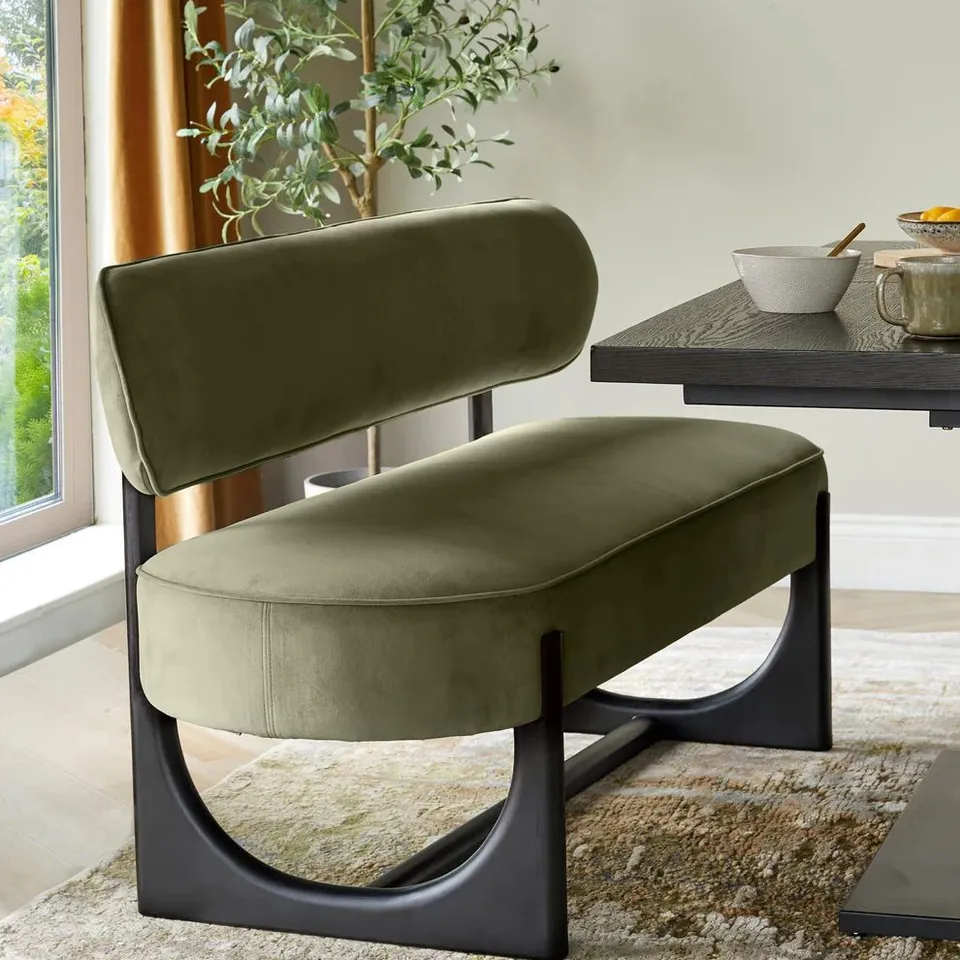 BOXED DANETTI ORLAN OLIVE GREEN VELVET 3 SEATER DINING BENCH WITH BACKREST