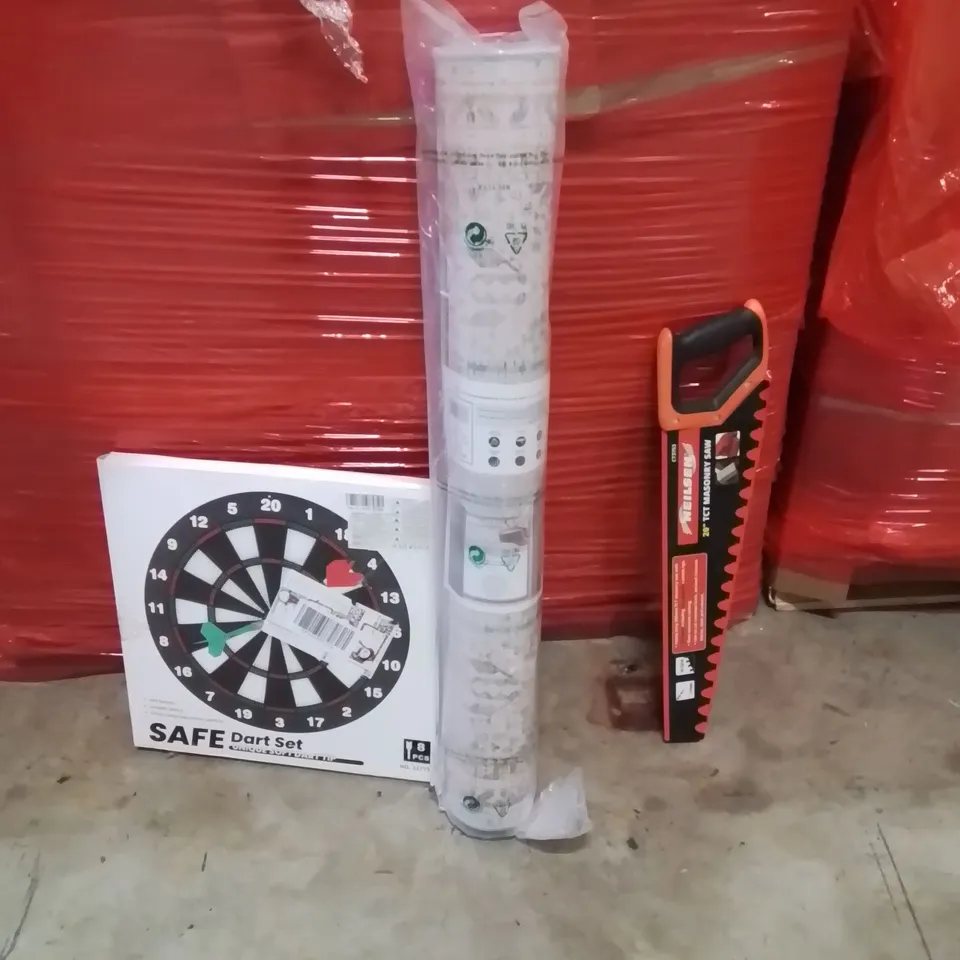 PALLET OF ASSORTED HOUSEHOLD GOODS AND PRODUCTS TO INCLUDE;SOFT TIP DARTBOARD,AREA RUG,SAW
