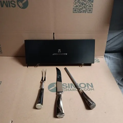 ABBEYHORN HORN-HANDLED CUTLERY SET – 3 PIECES ( KNIFE , KNIFE SHARPENER & FORK) IN BLACK PRESENTATION BOX