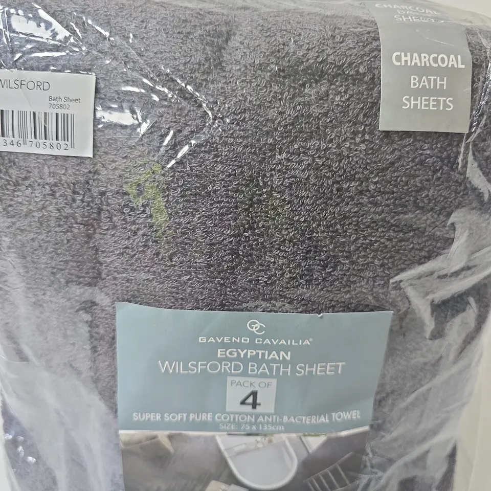 GAVENO CAVALIA EGYPTIAN WILFORD BATH SHEET PACK OF 4 – CHARCOAL, 75 X 135 CM, PURE COTTON ANTI-BACTERIAL