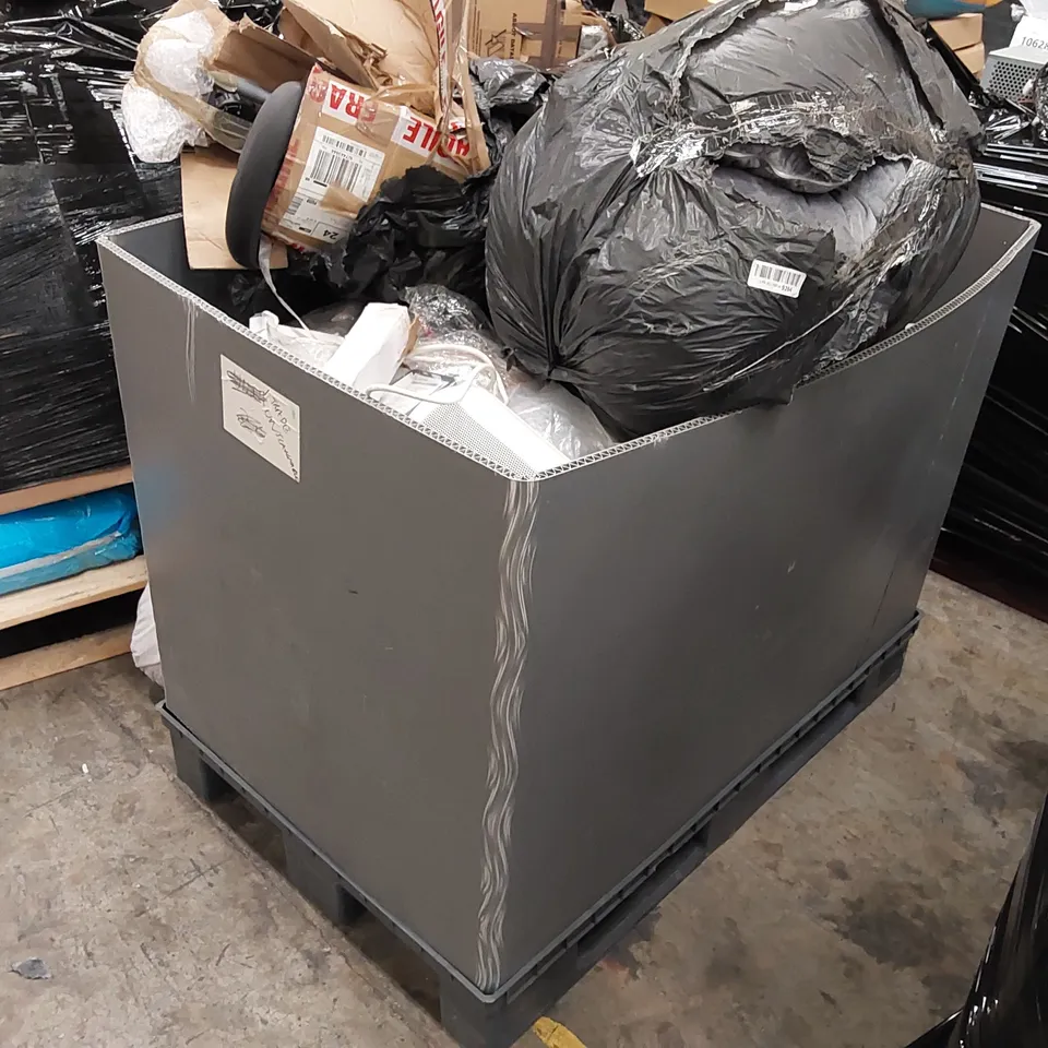 PALLET OF ASSORTED ITEMS INCLUDING: PTC CERAMIC HEATER, EXERCISE BIKE, BEDDING, CPR CALL BLOCKER, TORCH, PHONE CASE ECT