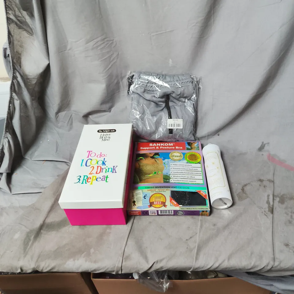 BOX OF APPROXIMATELY 20 ASSORTED ITEMS INCLUDING AIR FRESHENER, WINE GLASS IN BOX, LARGE GREY TROUSERS, SUPPORT AND POSTURE BRA