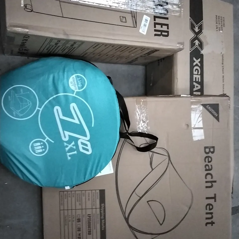 PALLET OF ASSORTED HOUSEHOLD ITEMS TO INCLUDE DOUBLE FOLDING CHAIR, BOXED AIR COOLER, BEACH TENTS AND TV WALL MOUNT