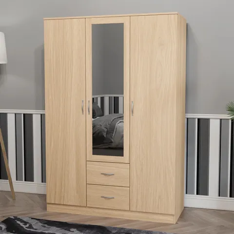 BOXED MAYBERY 3 DOOR 2 DRAWER MIRRORED WARDROBE, WITH SHELF & HANGING RAIL - PINE (3 BOXES)