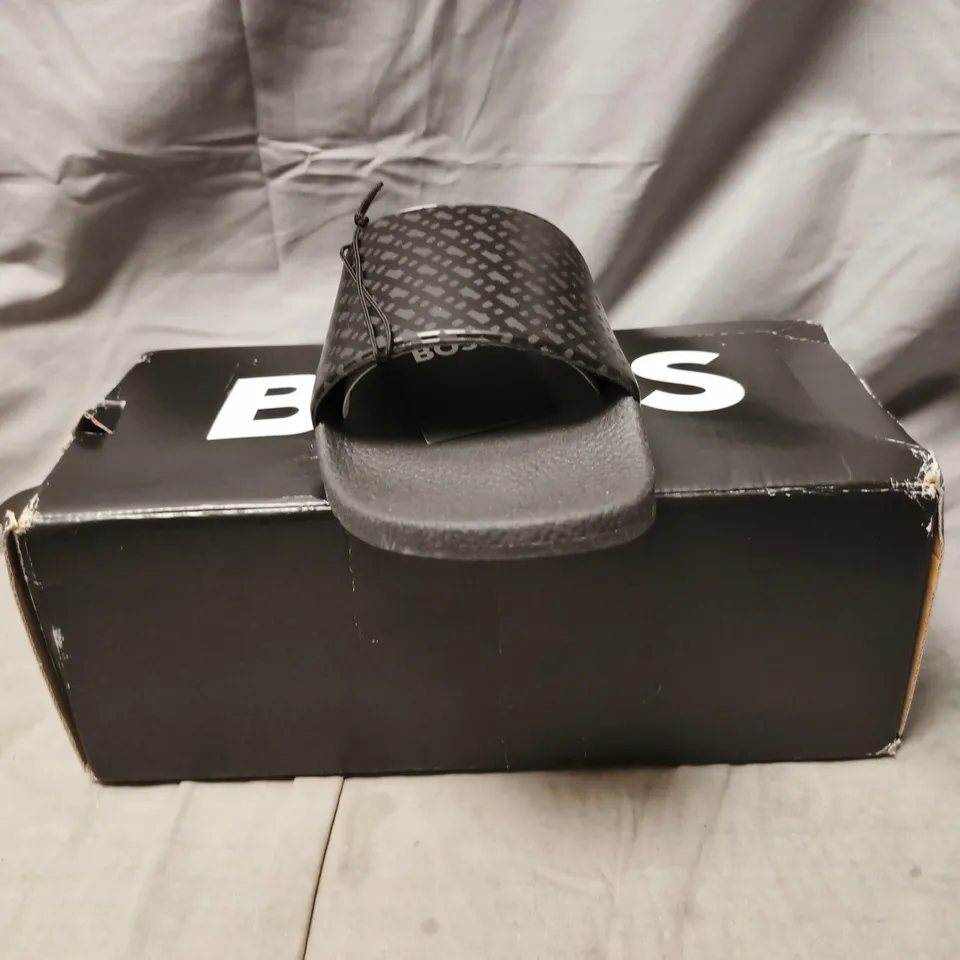 BOXED PAIR OF BOSS SLIDERS IN BLACK SIZE EU 44
