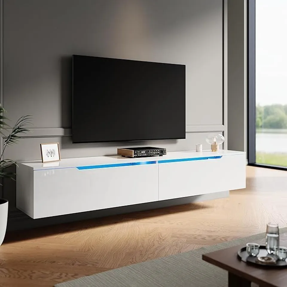 ELEGANT FLOATING TV CABINET 1800X350X300MM GLOSS WHITE (1 BOX)