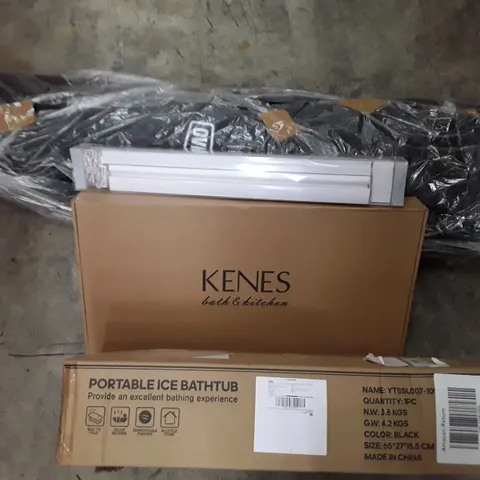 PALLET OF ASSORTED HOUSEHOLD ITEMS TO INCLUDE PORTABLE ICE BATH, TAPS, BLINDS AND CAMPING CHAIRS ECT