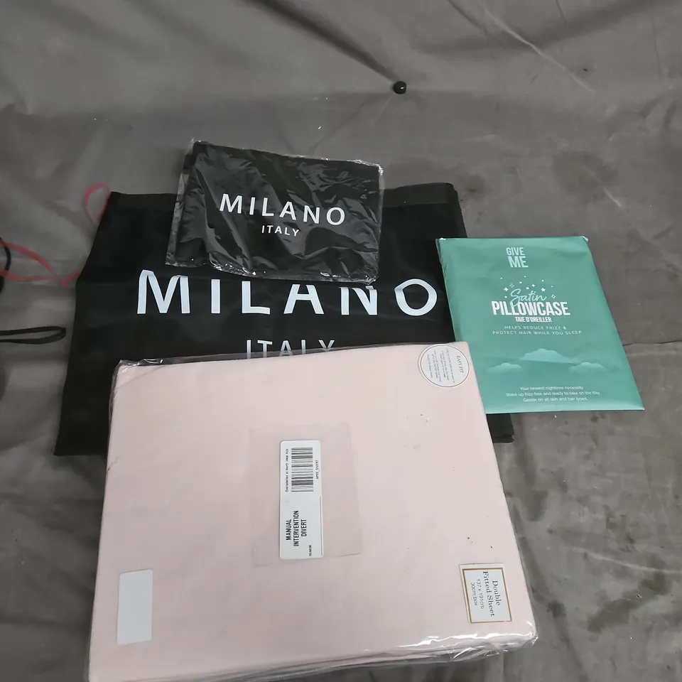 BOX OF APPROX 15 HOUSEHOLD ITEMS TO INCLUDE MILANO ITALLY BAGS, DUVET COVER , ETC