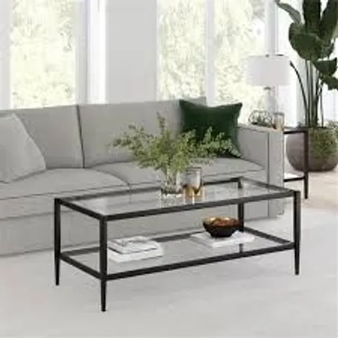 BOXED HENN&HART MID CENTURY METAL FRAME COFFEE TABLE IN BLACK AND BRONZE W/GLASS TOP