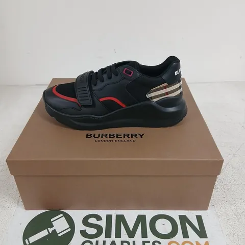BURBERRY LOW TOP SNEAKER – BLACK WITH RED TRIM, UK 8 (EUR 42)