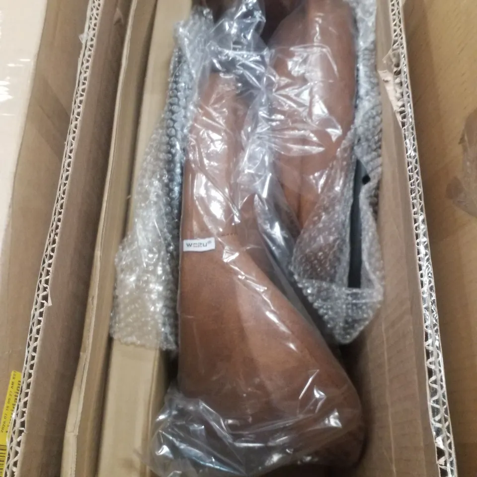 BOXED SET OF 2 BROWN FAUX LEATHER BAR STOOLS