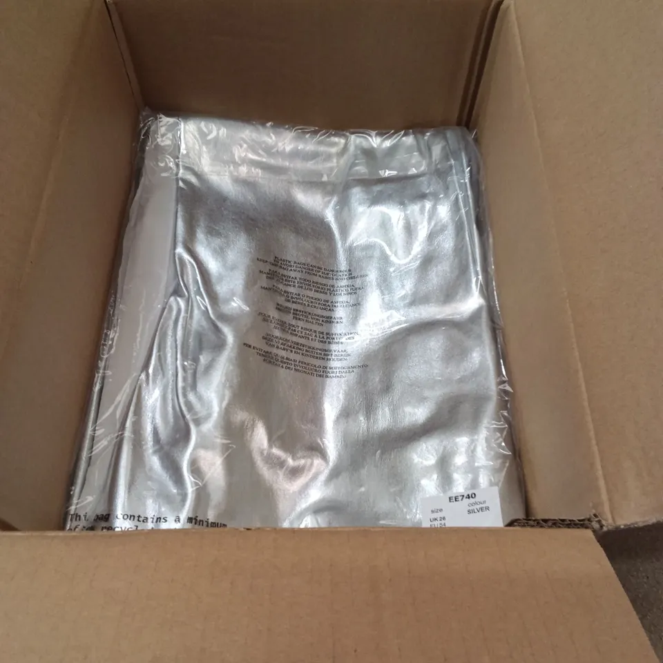 BOXED BRAND NEW APPROXIMATELY 3 JD WILLIAMS PU STRAIGHT TROUSERS, SILVER, SIZE 26 (1 BOX)