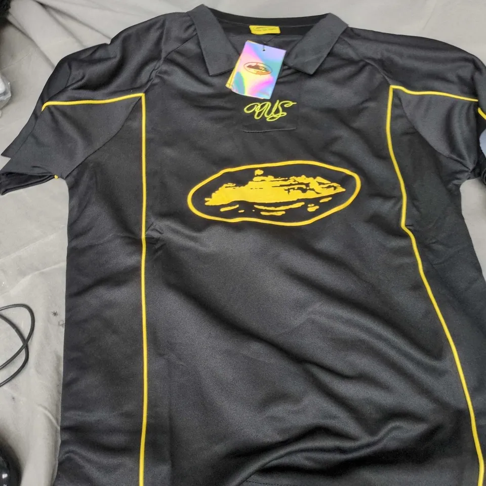 BLACK POLO SHIRT WITH YELLOW PIPING AND CREST LOGO CORTEZ