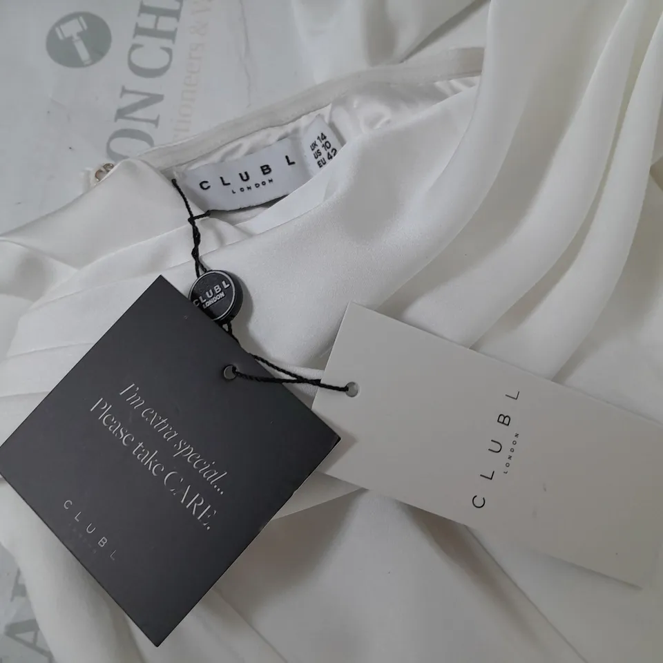 CLUB OF LONDON KIMBELEY WHITE BARDOT FISHTAIL SATIN MAXI DRESS - UK 14