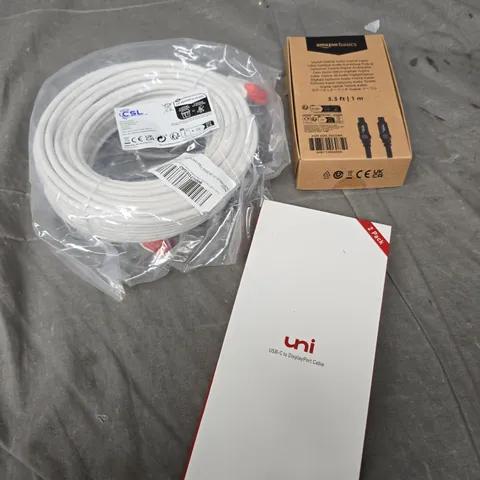 APPROXIMATELY 10 ASSORTED ELECTRICAL PRODUCTS TO INCLUDE ETHERNET CABLE, OPTICAL CABLE, DISPLAY PORT CABLE ETC 
