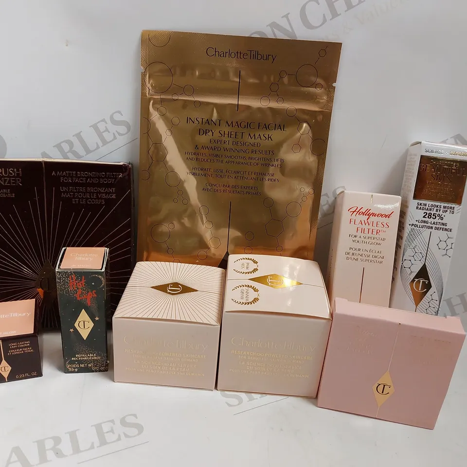 BOX OF APPROX 8 CHARLOTTE TILBURY ITEMS TO INCLUDE CHARLOTTES MAGIC CREAM, LUXURY PALETTE, AIRBRUSH BRONZER