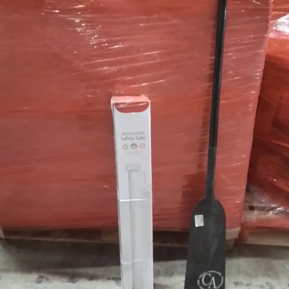 PALLET OF ASSORTED HOUSEHOLD GOODS AND PRODUCTS TO INCLUDE;CARBON FIBRE PADDLE,RETRACTABLE SAFETY GATE,BABY MATS