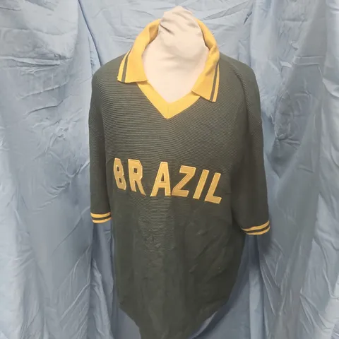 ABERCROMBIE & FITCH KNITWEAR JUMPER – BRAZIL MOTIF, GREEN WITH YELLOW COLLAR, UK SIZE L